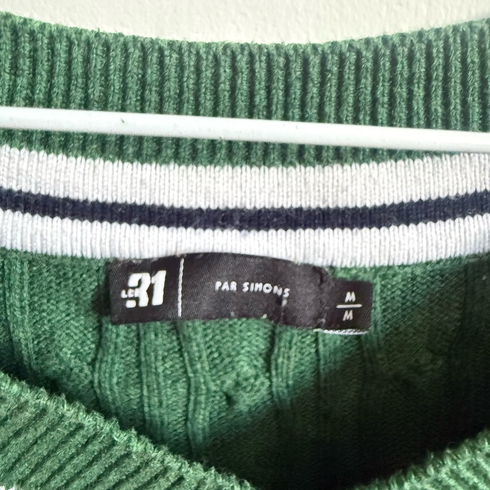 Simons Green Cable Knit V-Neck Sweater with White and Navy Stripe Trim - Picture 2 of 3